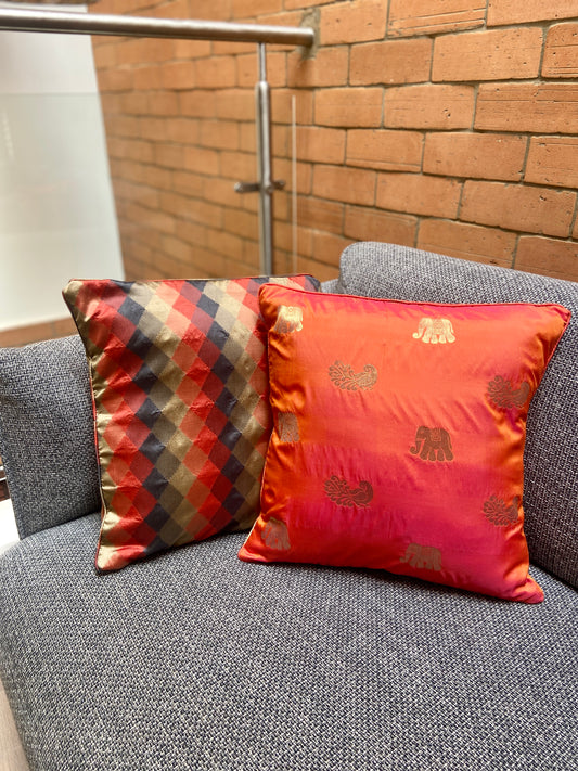 Stylish Cushion Cover Combo - Peachy Orange, Rust and muted gold Diamond Pattern