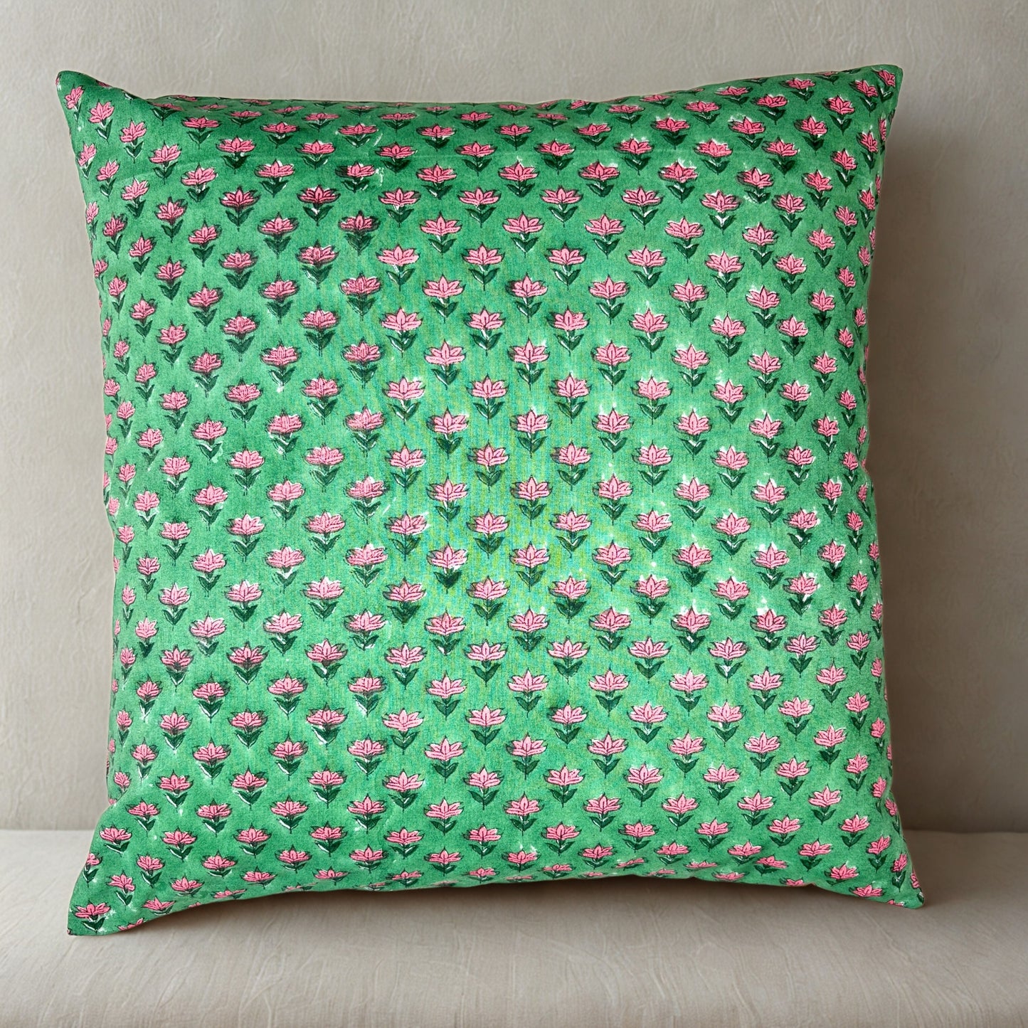 Hand Block Printed Premium Cushion Covers for Sofa, Living Room, Bedroom Size 16" x16" - Pink Flower Magic