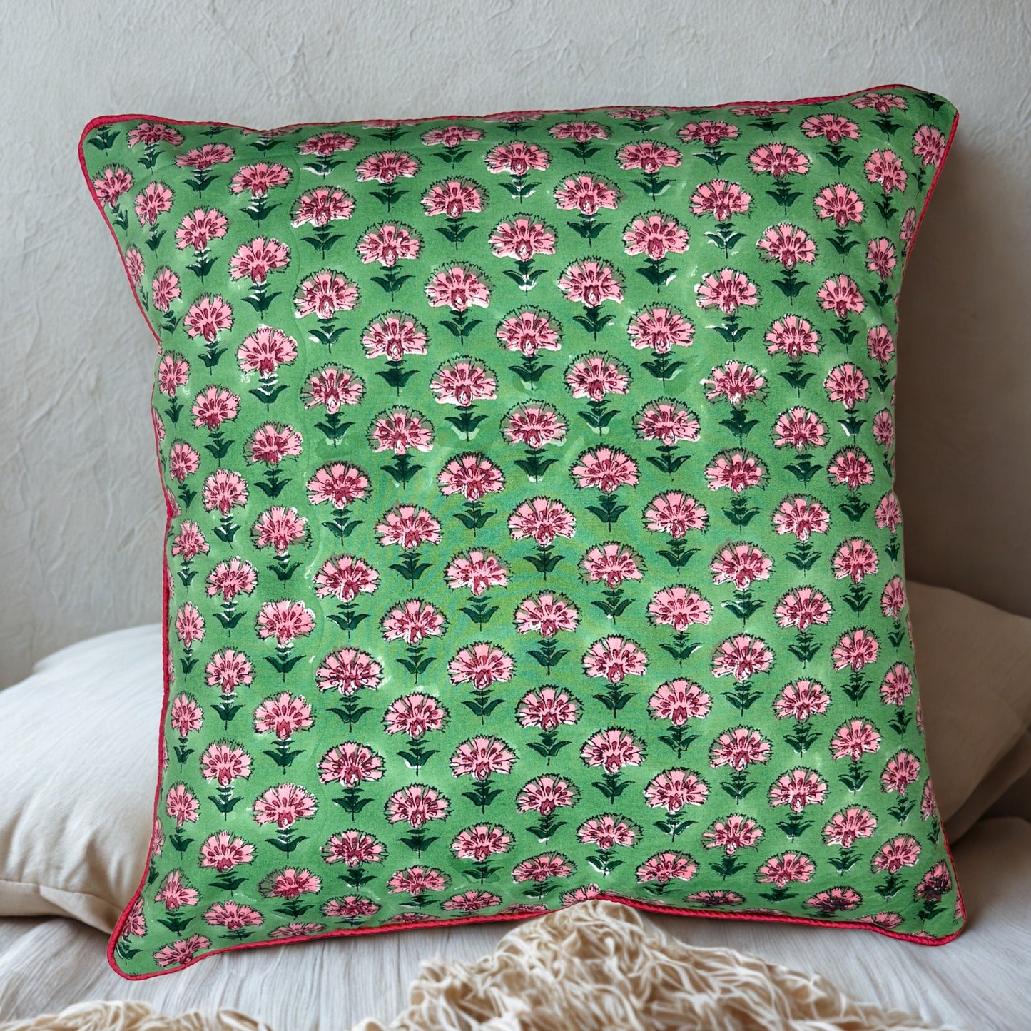 Hand Block Printed Premium Cushion Covers for Sofa, Living Room, Bedroom Size 16" x16" - Tiny Pink Flower Garden