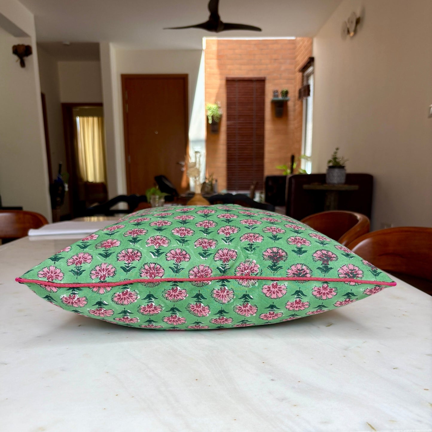 Hand Block Printed Premium Cushion Covers for Sofa, Living Room, Bedroom Size 16" x16" - Tiny Pink Flower Garden