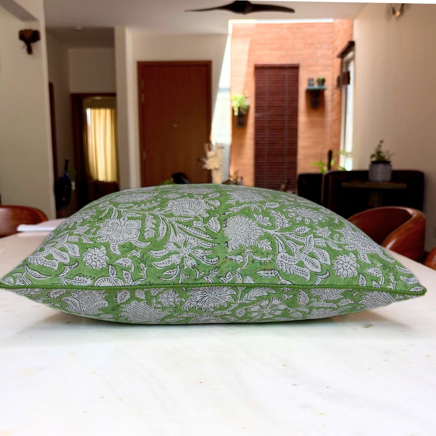 Hand Block Printed Premium Cushion Covers for Sofa, Living Room, Bedroom Size 16" x16" - Green Garden
