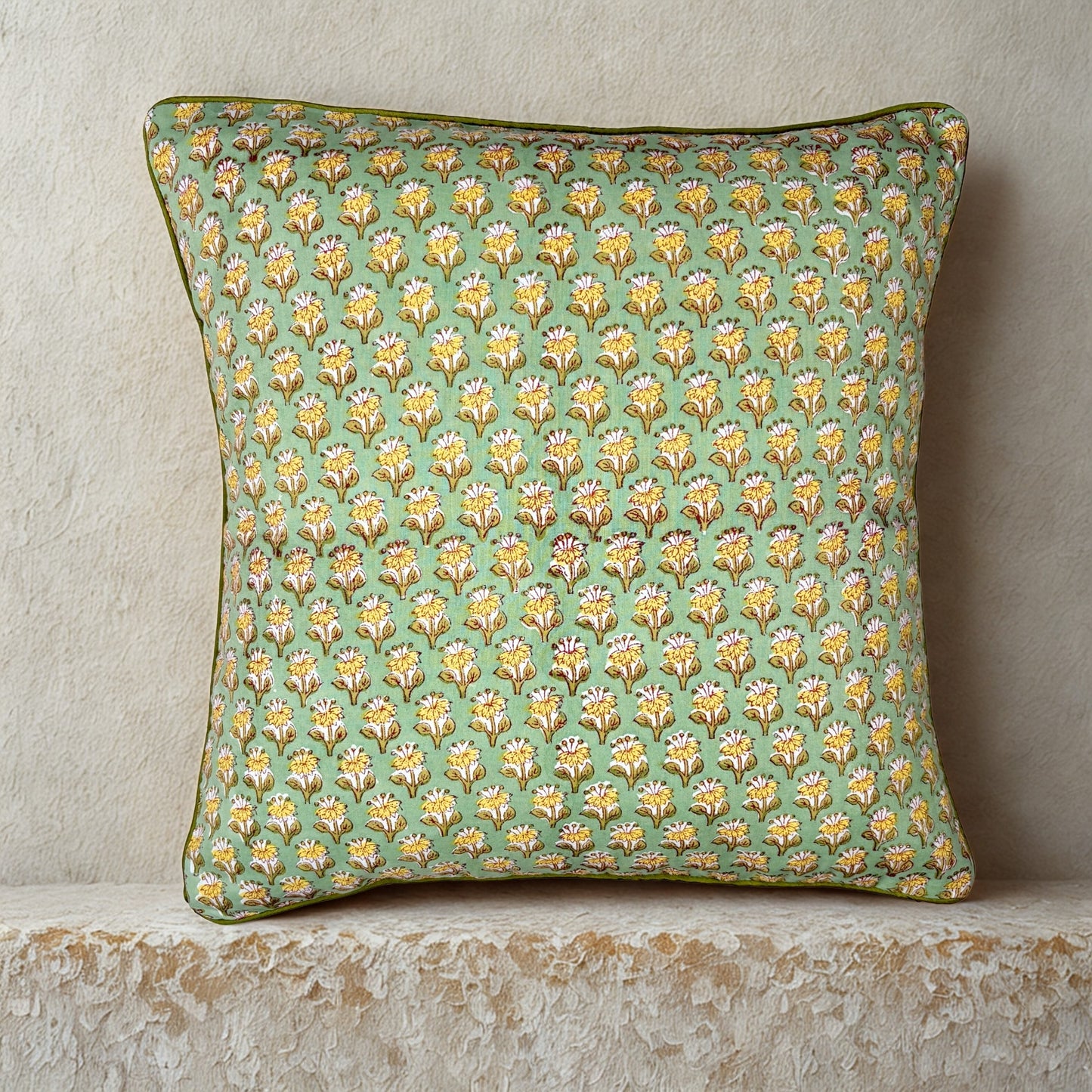 Hand Block Printed Premium Cushion Covers for Sofa, Bed Size 16" x16" - Yellow Flower Field