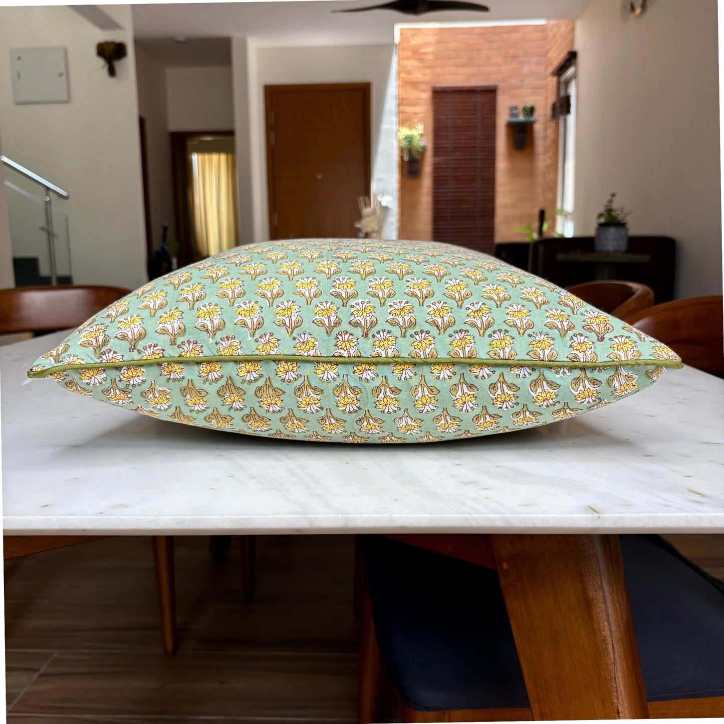 Hand Block Printed Premium Cushion Covers for Sofa, Bed Size 16" x16" - Yellow Flower Field