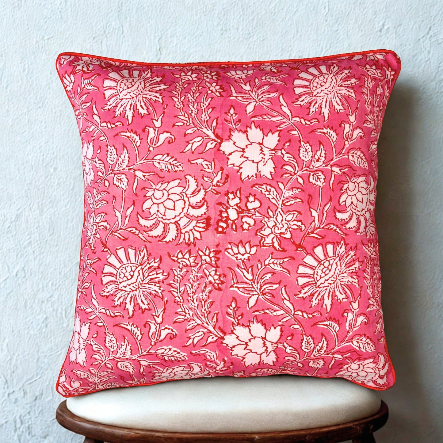 Hand Block Printed Ethnic Premium Cushion Covers for Sofa, Living Room, Bedroom Size 16" x16" - Botanic Bliss (Pink)