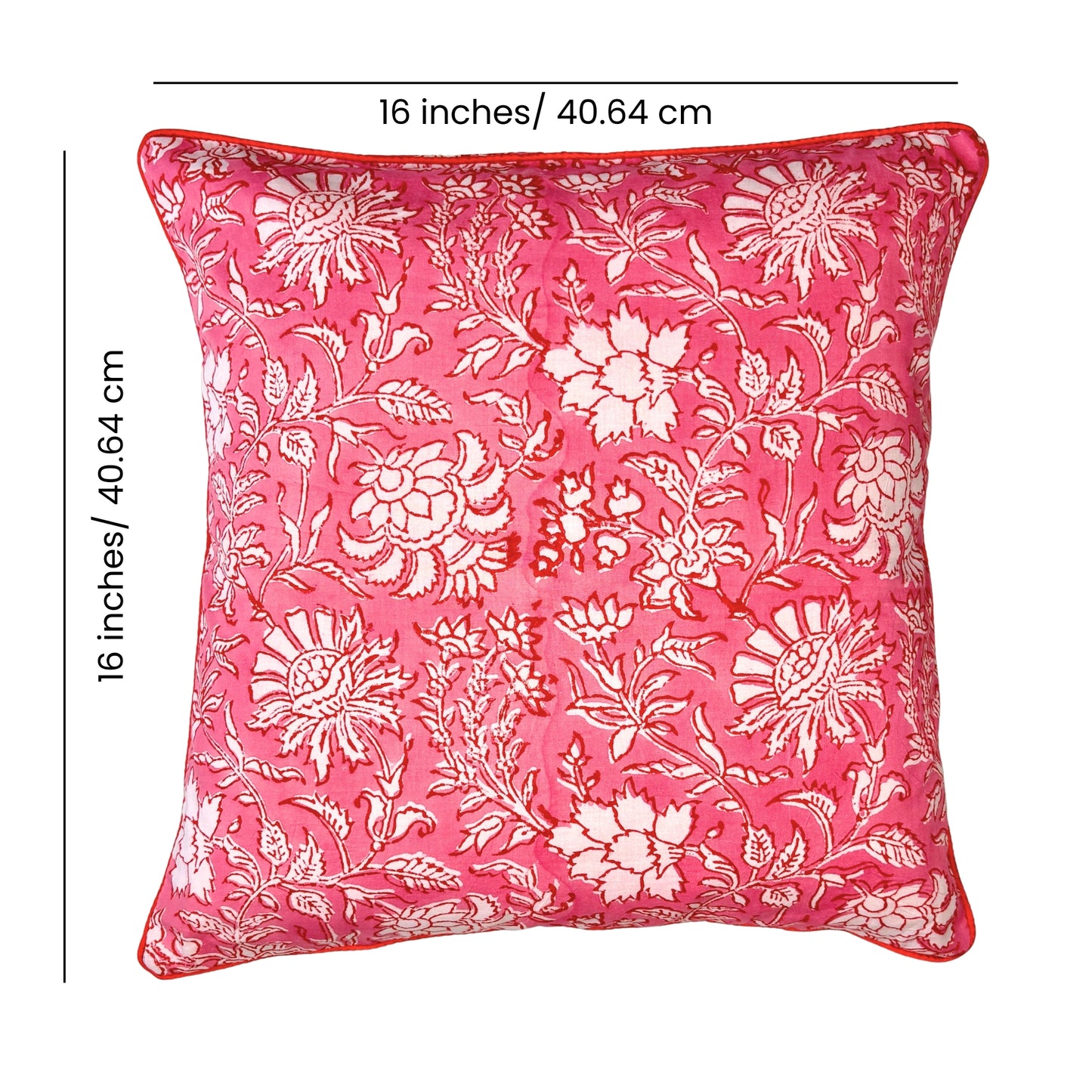 Hand Block Printed Ethnic Premium Cushion Covers for Sofa, Living Room, Bedroom Size 16" x16" - Botanic Bliss (Pink)