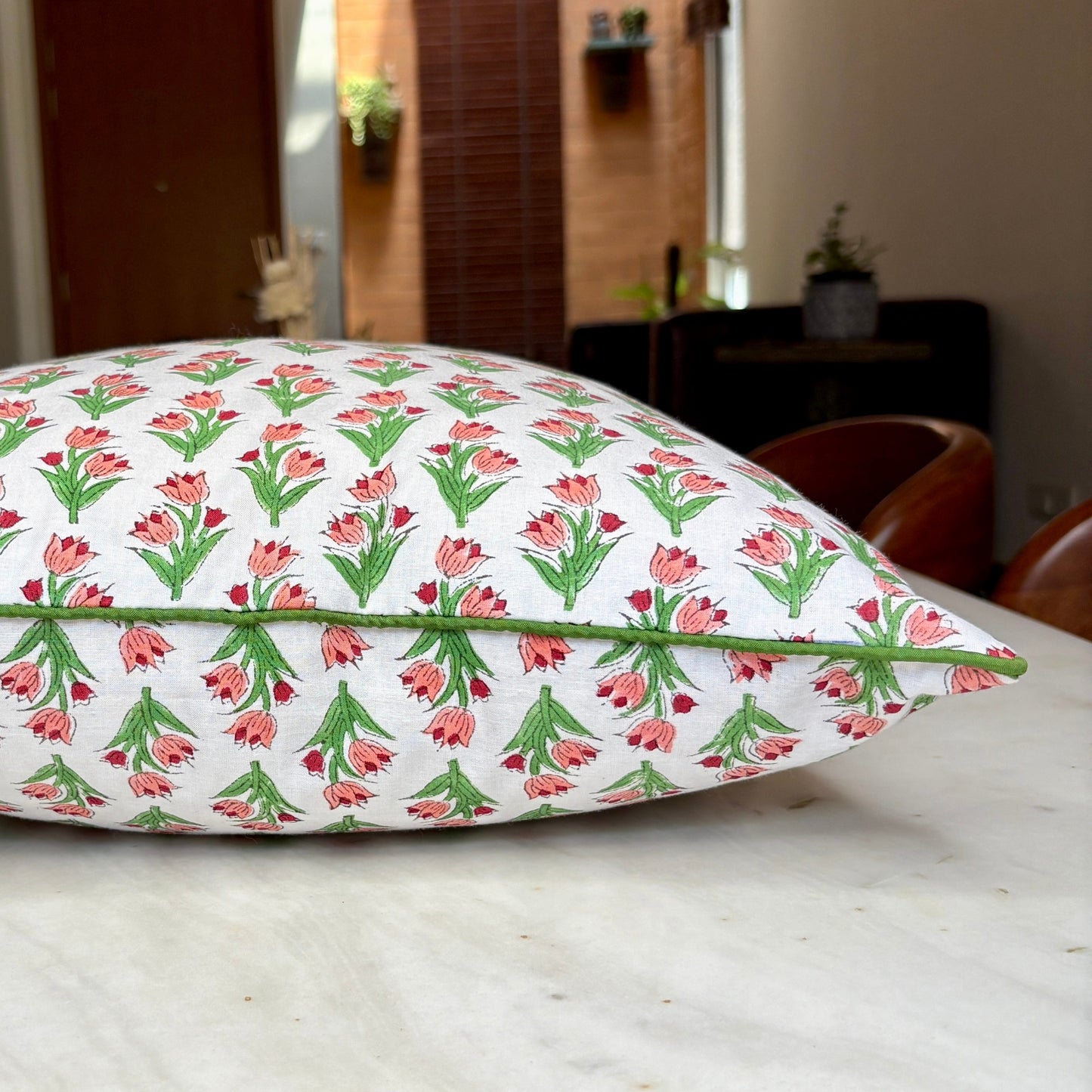 Hand Block Printed Premium Cushion Covers for Sofa, Living Room, Bedroom Size 16" x16" - Pink Flower Bouquets