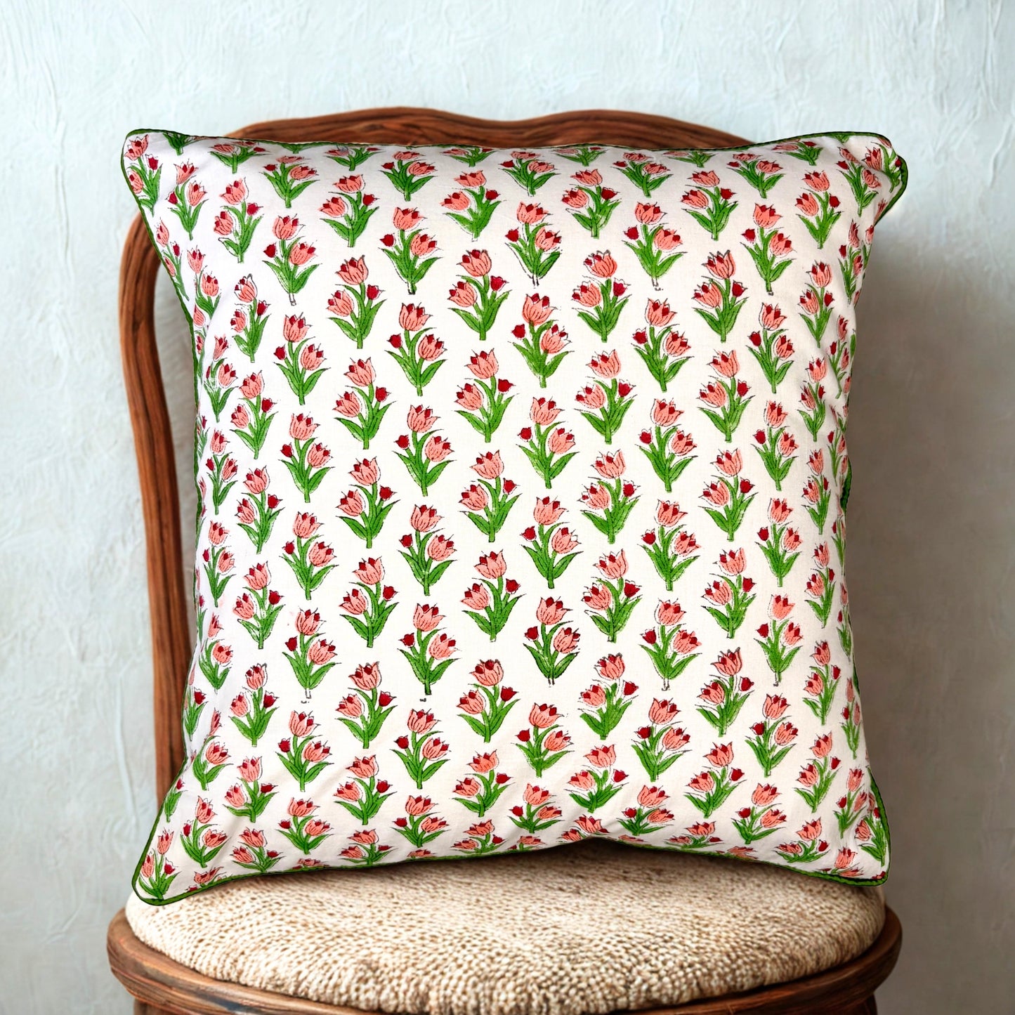 Hand Block Printed Premium Cushion Covers for Sofa, Living Room, Bedroom Size 16" x16" - Pink Flower Bouquets