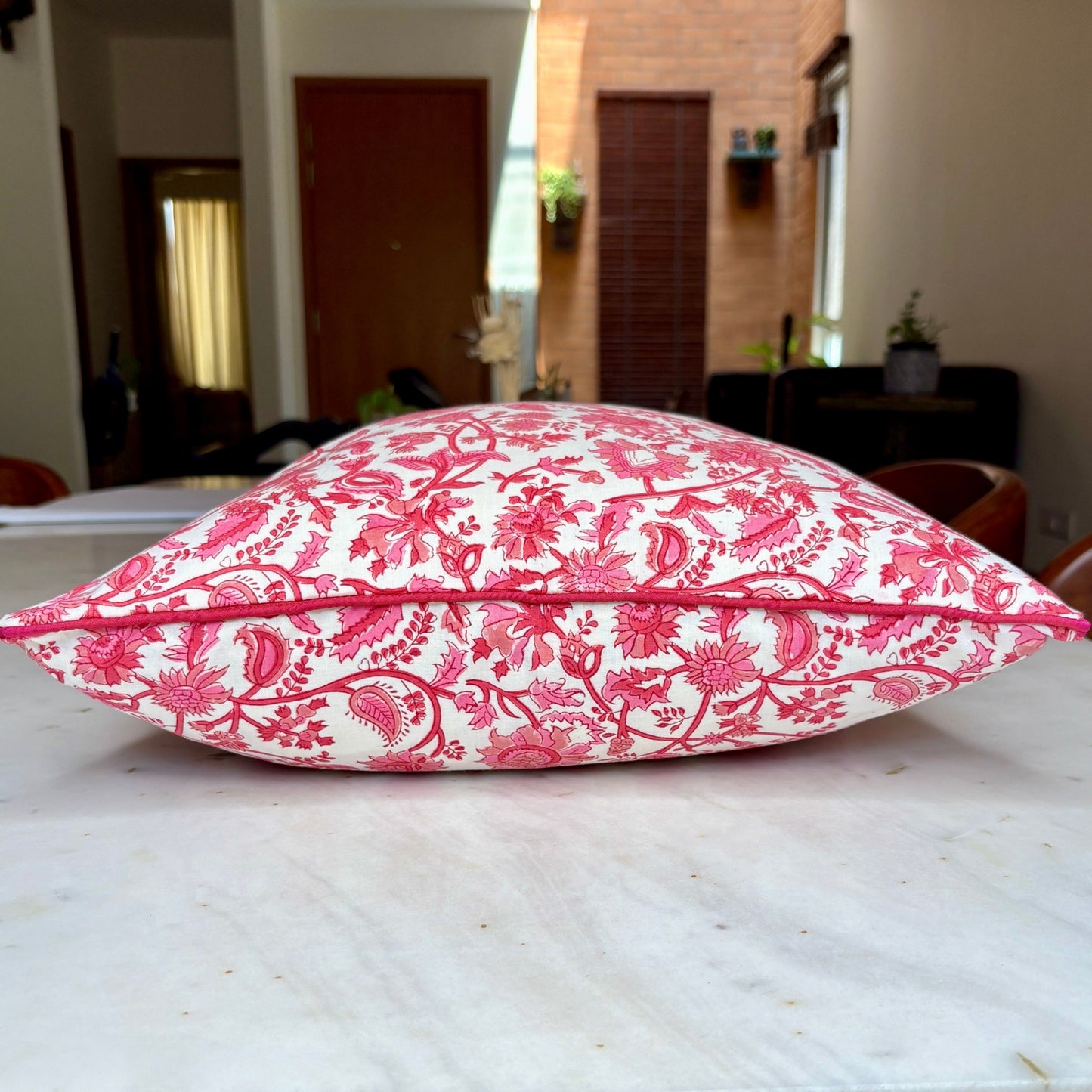 Hand Block Printed Premium Cushion Covers for Sofa, Living Room, Bedroom Size 16" x16" - Pink Blossom Wildflower Waltz