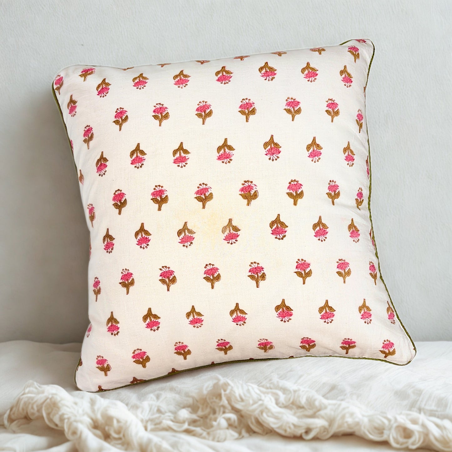 Hand Block Printed Premium Cushion Covers for Sofa, Living Room, Bedroom Size 16" x16" - Dainty Pink Flowers