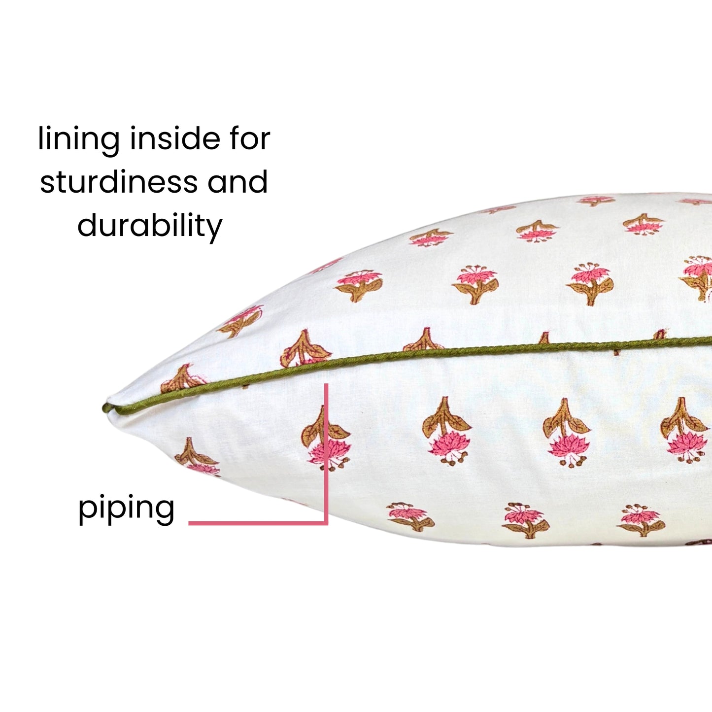 Hand Block Printed Premium Cushion Covers for Sofa, Living Room, Bedroom Size 16" x16" - Dainty Pink Flowers