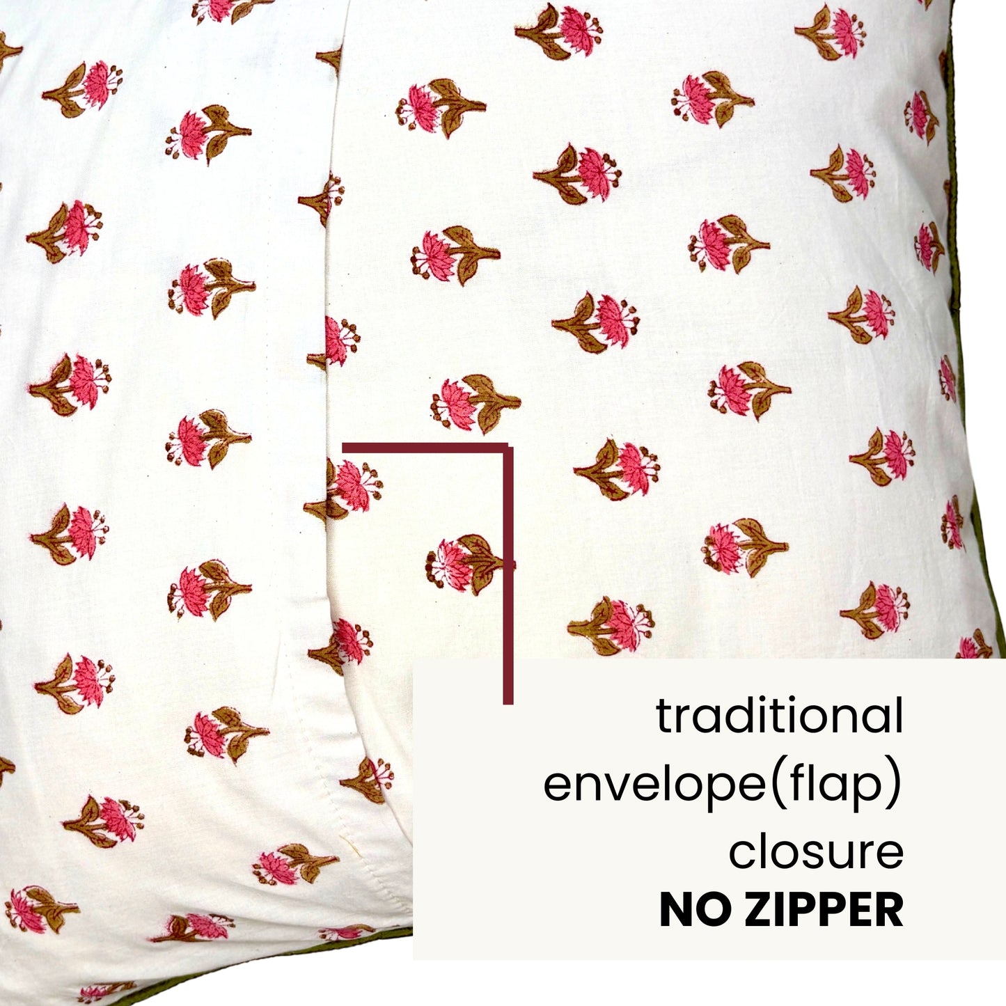 Hand Block Printed Premium Cushion Covers for Sofa, Living Room, Bedroom Size 16" x16" - Dainty Pink Flowers