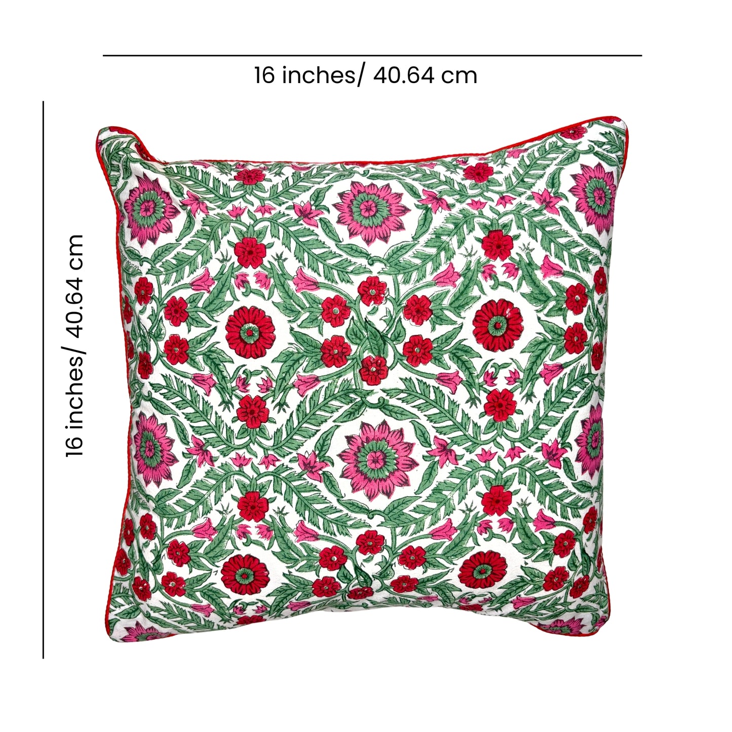 Hand Block Printed Premium Cushion Covers for Sofa, Living Room, Bedroom Size 16" x16" - Pink and Red Vintage Flowers