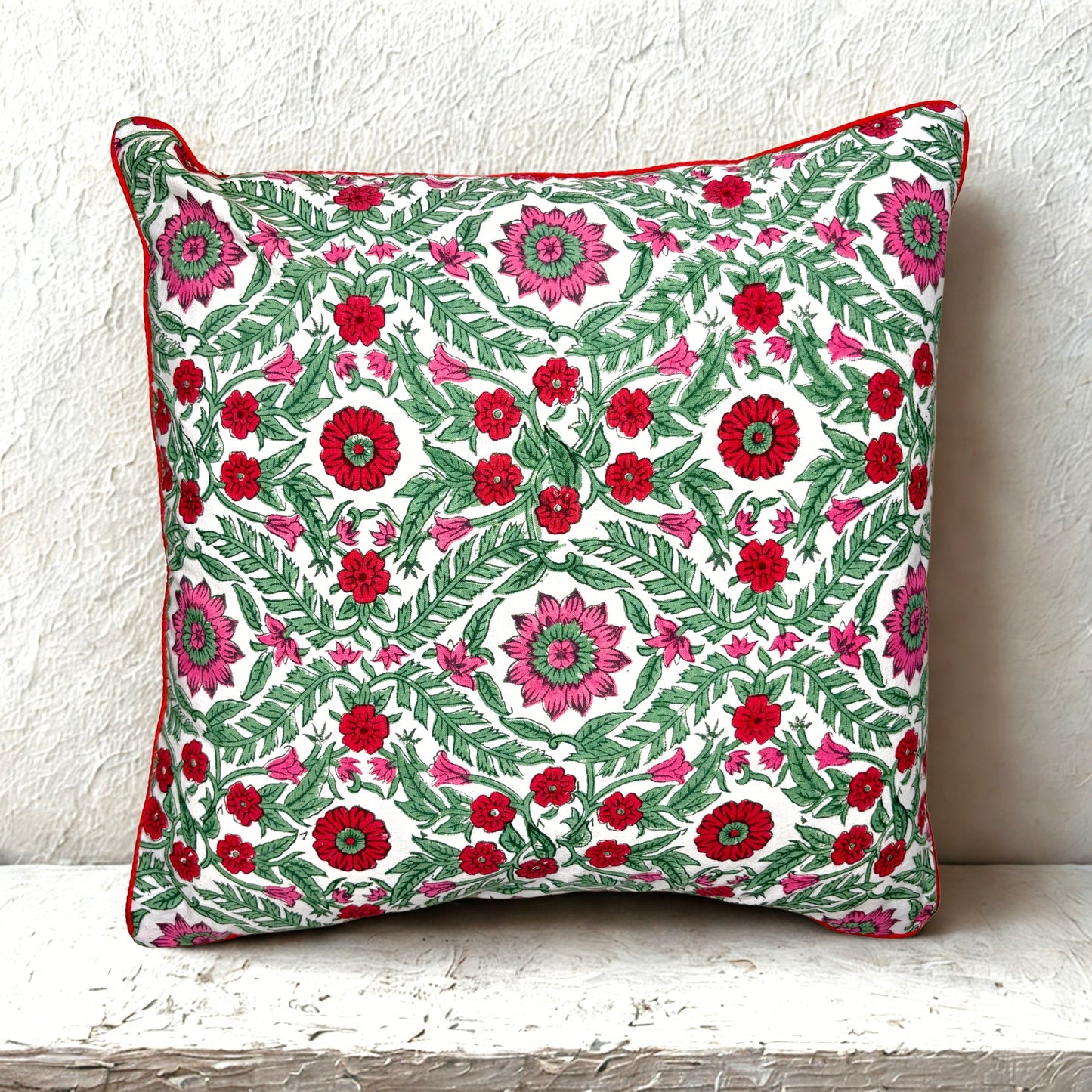 Hand Block Printed Premium Cushion Covers for Sofa, Living Room, Bedroom Size 16" x16" - Pink and Red Vintage Flowers