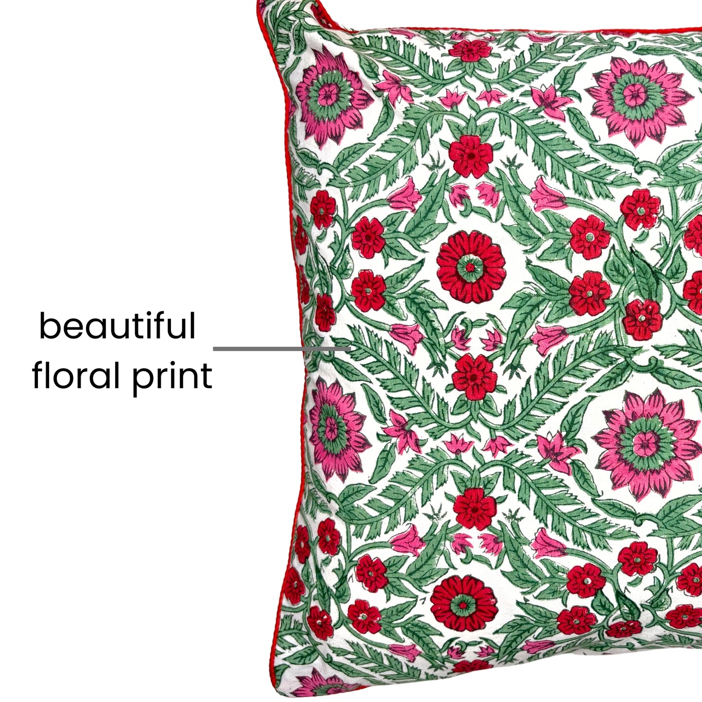 Hand Block Printed Premium Cushion Covers for Sofa, Living Room, Bedroom Size 16" x16" - Pink and Red Vintage Flowers