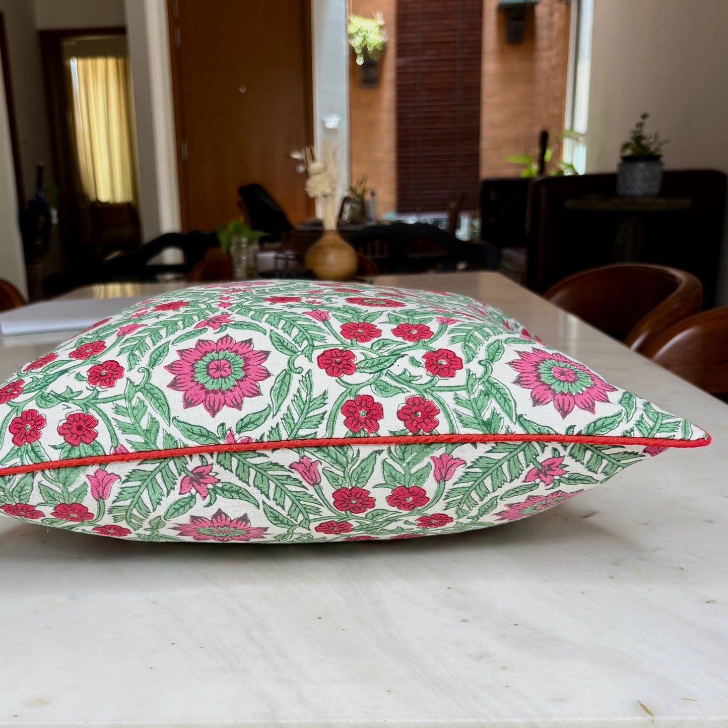 Hand Block Printed Premium Cushion Covers for Sofa, Living Room, Bedroom Size 16" x16" - Pink and Red Vintage Flowers