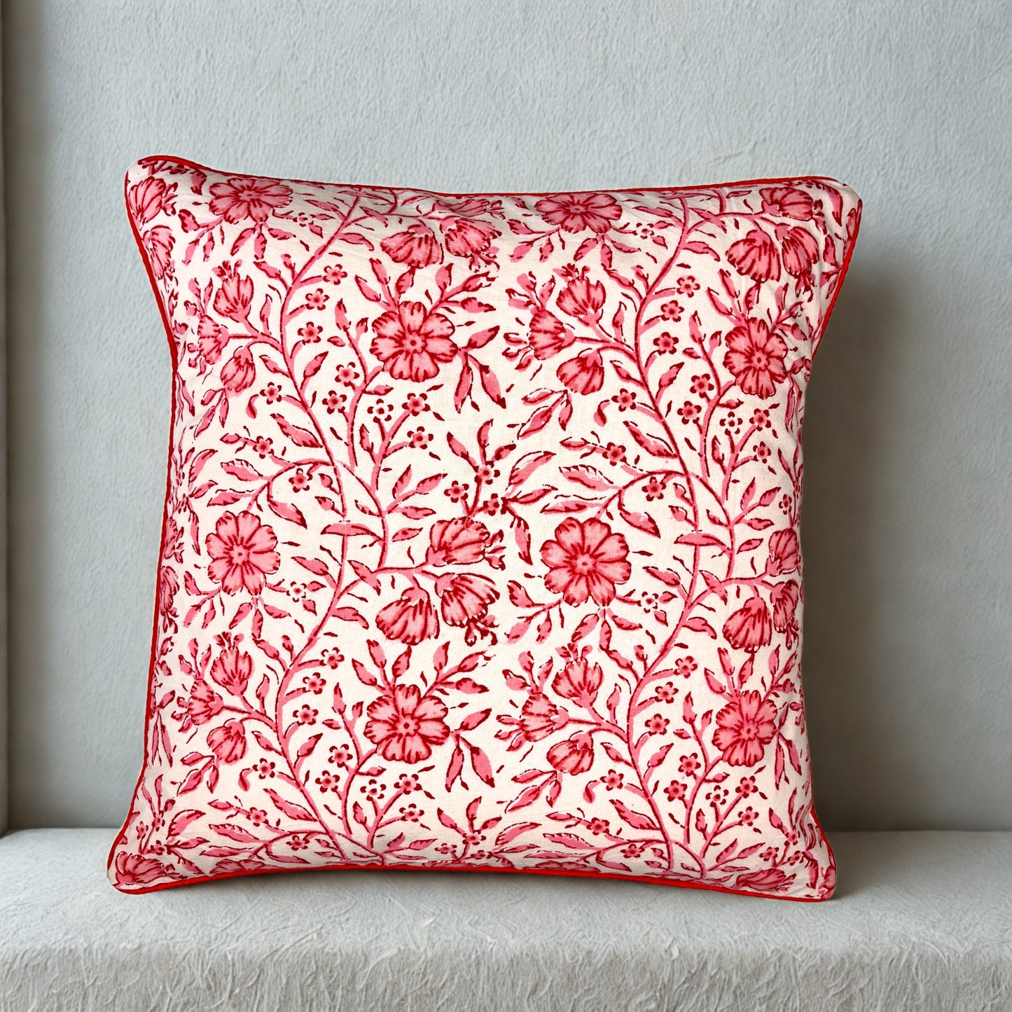 Hand Block Printed Premium Cushion Covers for Sofa, Living Room, Bedroom Size 16" x16" - Pink Flower Bush