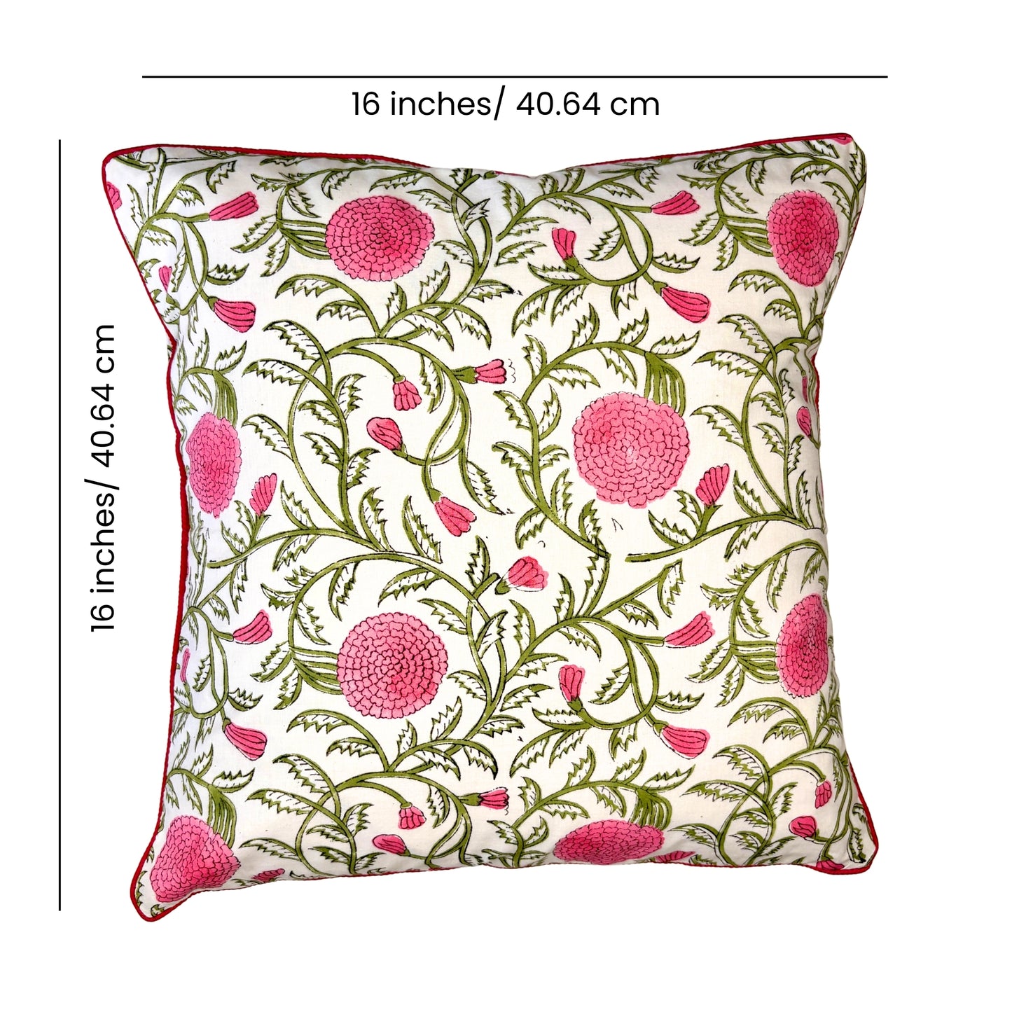 Hand Block Printed Premium Cushion Covers for Sofa, Living Room, Bedroom Size 16" x16" - Pink Blossom Whispers