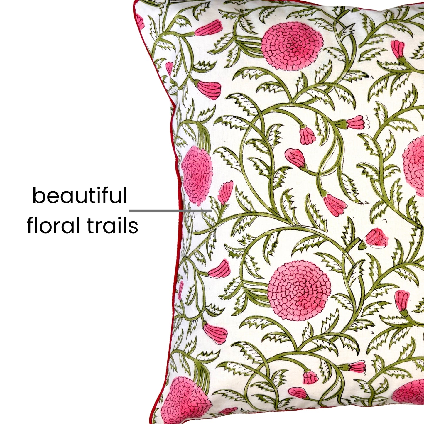Hand Block Printed Premium Cushion Covers for Sofa, Living Room, Bedroom Size 16" x16" - Pink Blossom Whispers