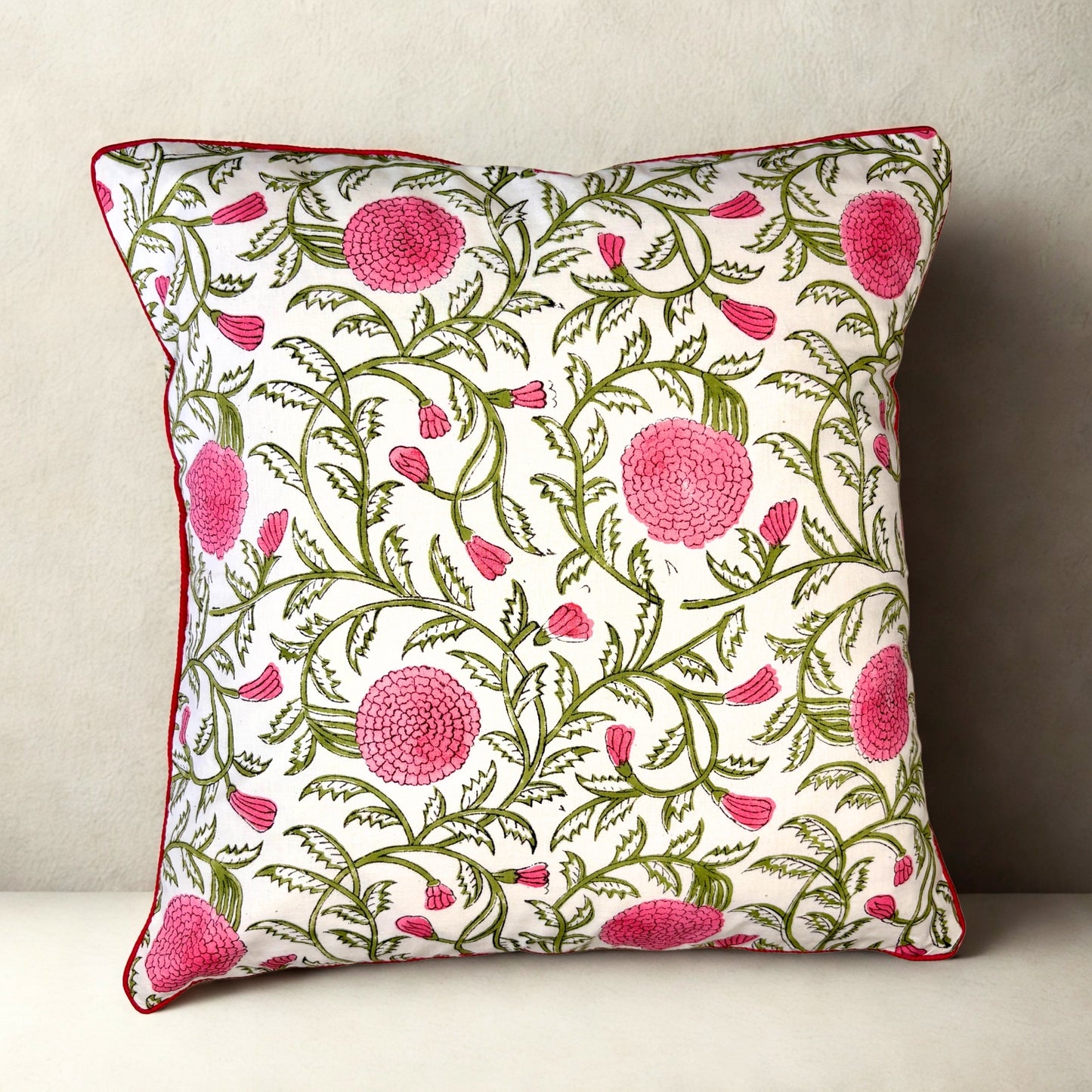 Hand Block Printed Premium Cushion Covers for Sofa, Living Room, Bedroom Size 16" x16" - Pink Blossom Whispers