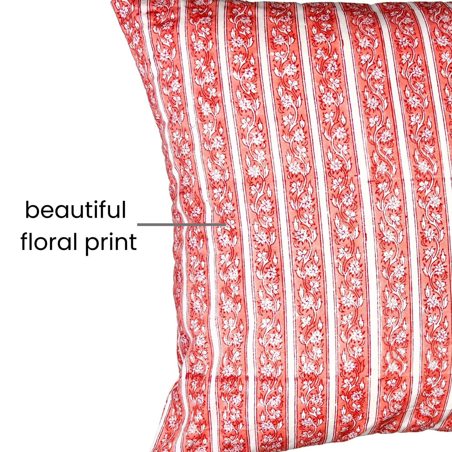 Hand Block Printed Premium Cushion Covers for Sofa, Living Room, Bedroom Size 16" x16" - Pink Floral Stripes
