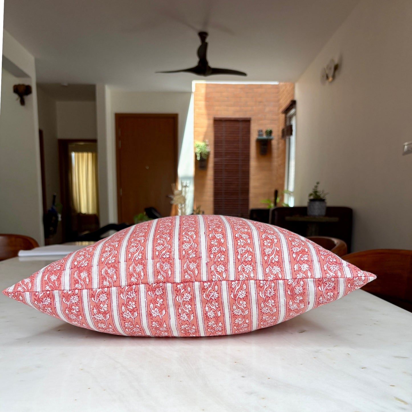Hand Block Printed Premium Cushion Covers for Sofa, Living Room, Bedroom Size 16" x16" - Pink Floral Stripes