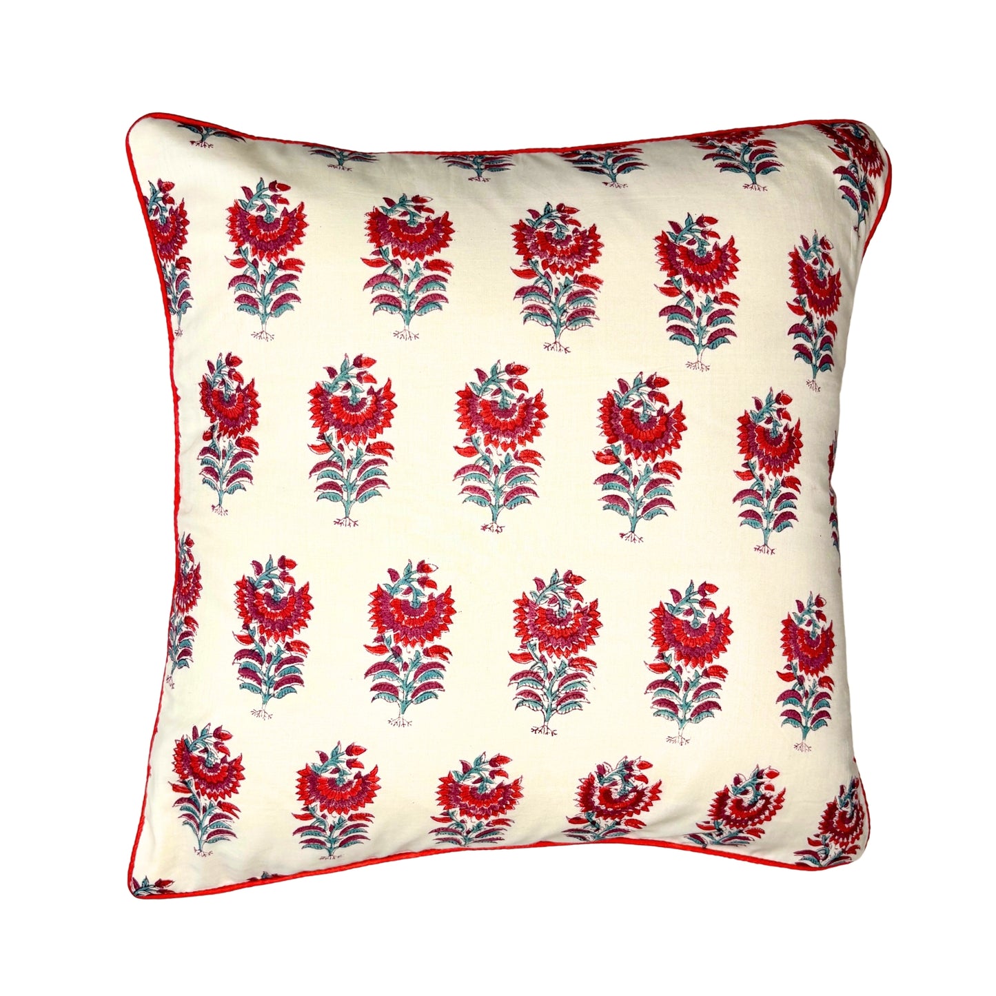 Hand Block Printed Premium Cushion Covers for Sofa, Bed Size 16" x16" - Red and Grey Flower Motif