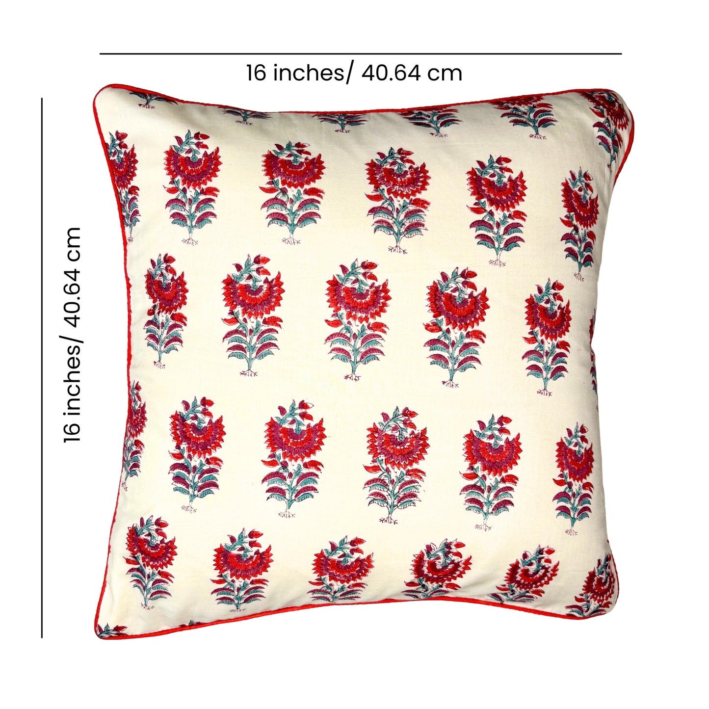 Hand Block Printed Premium Cushion Covers for Sofa, Bed Size 16" x16" - Red and Grey Flower Motif
