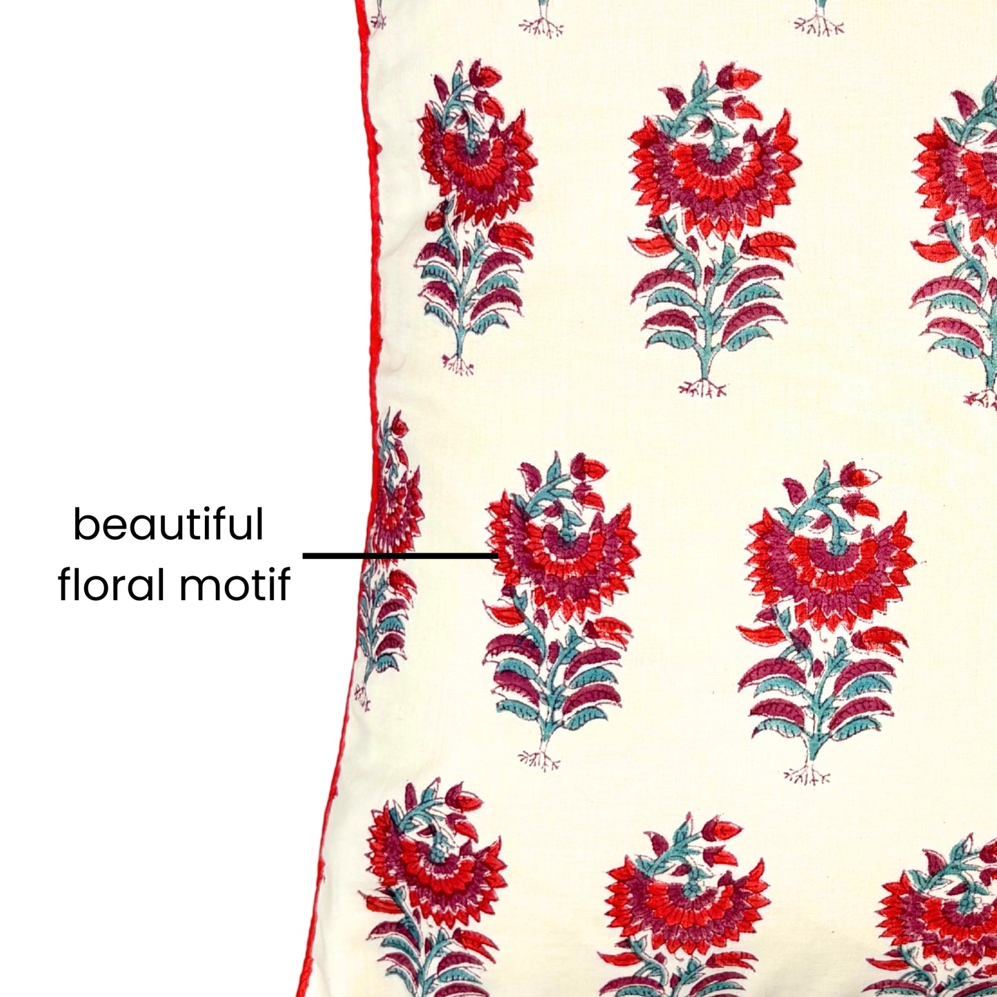 Hand Block Printed Premium Cushion Covers for Sofa, Bed Size 16" x16" - Red and Grey Flower Motif