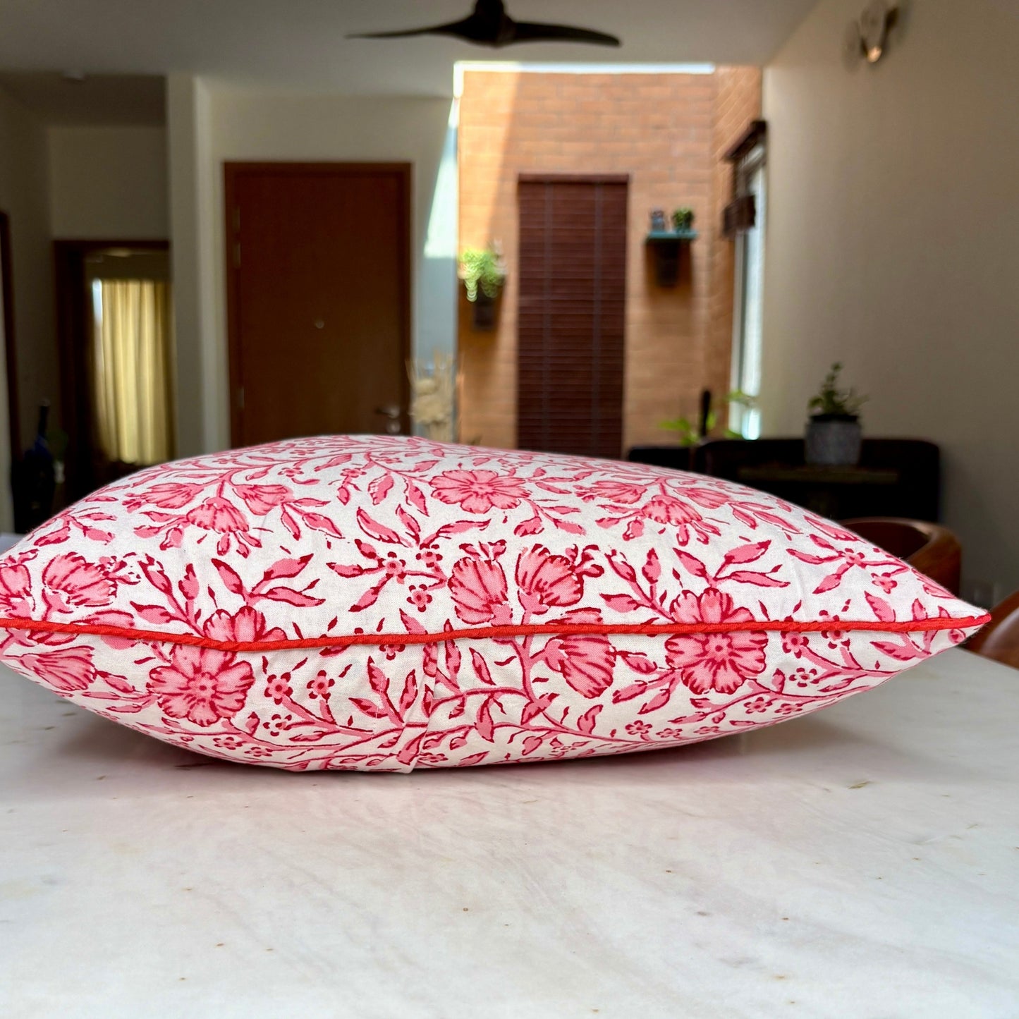 Hand Block Printed Premium Cushion Covers for Sofa, Living Room, Bedroom Size 16" x16" - Pink Flower Bush