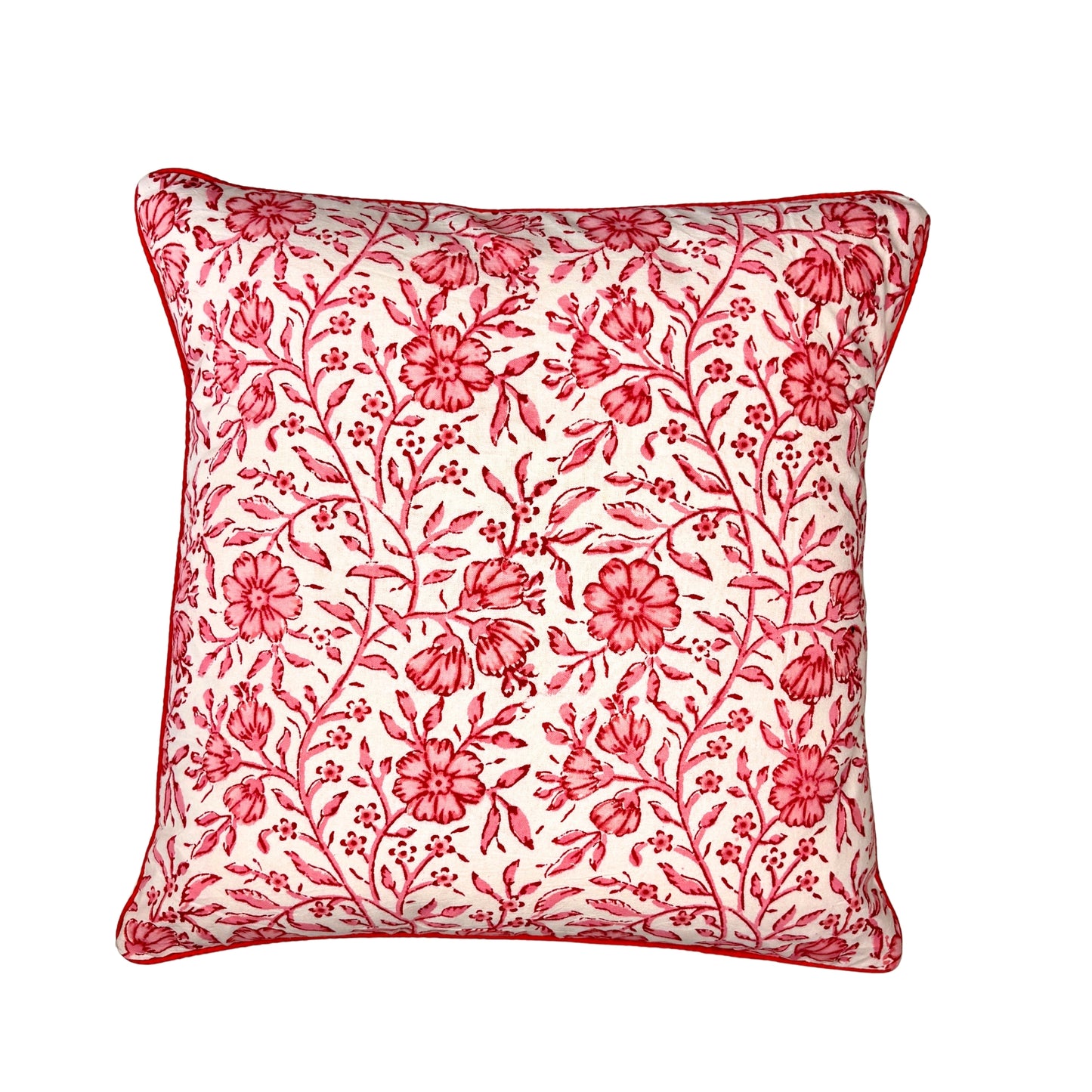 Hand Block Printed Premium Cushion Covers for Sofa, Living Room, Bedroom Size 16" x16" - Pink Flower Bush