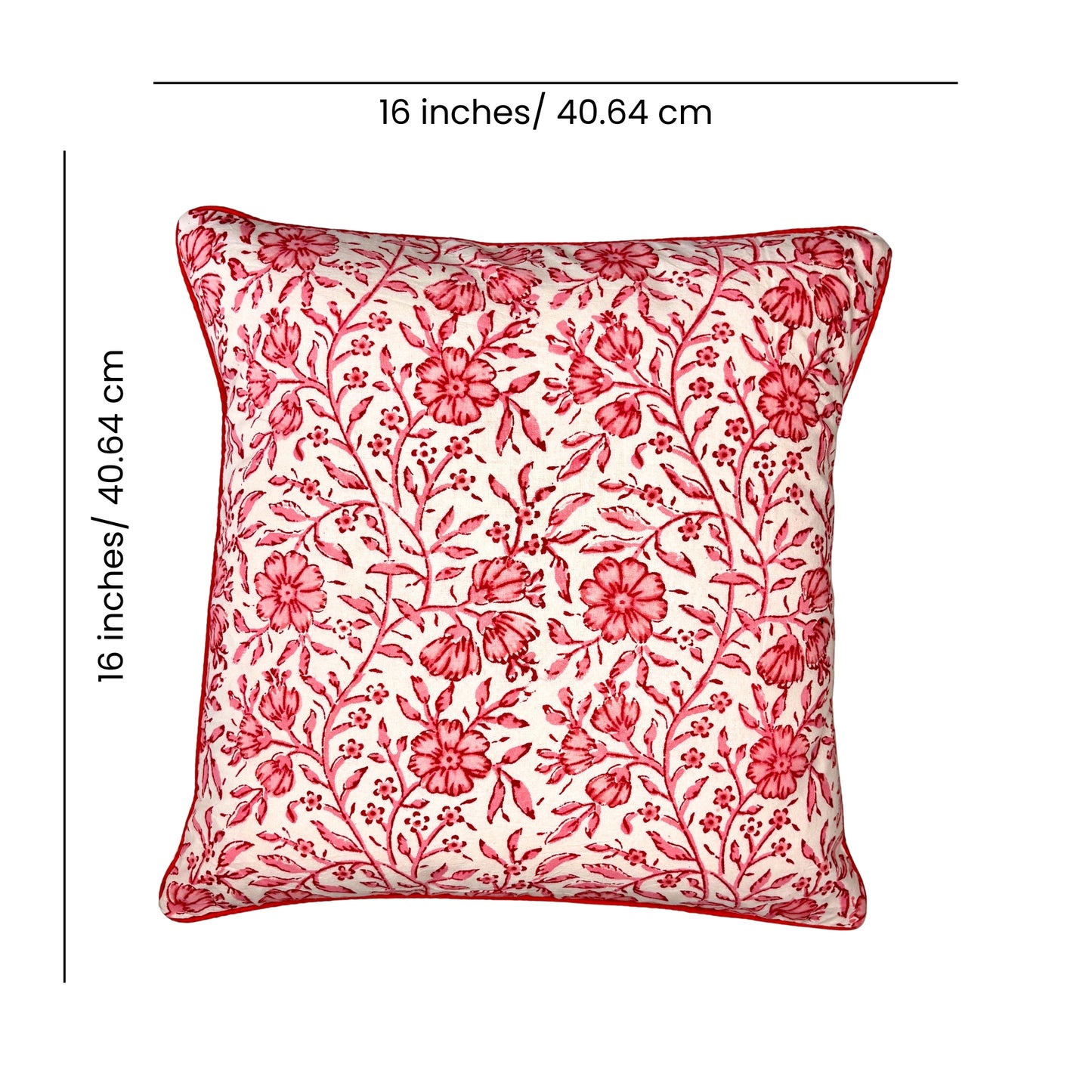 Hand Block Printed Premium Cushion Covers for Sofa, Living Room, Bedroom Size 16" x16" - Pink Flower Bush