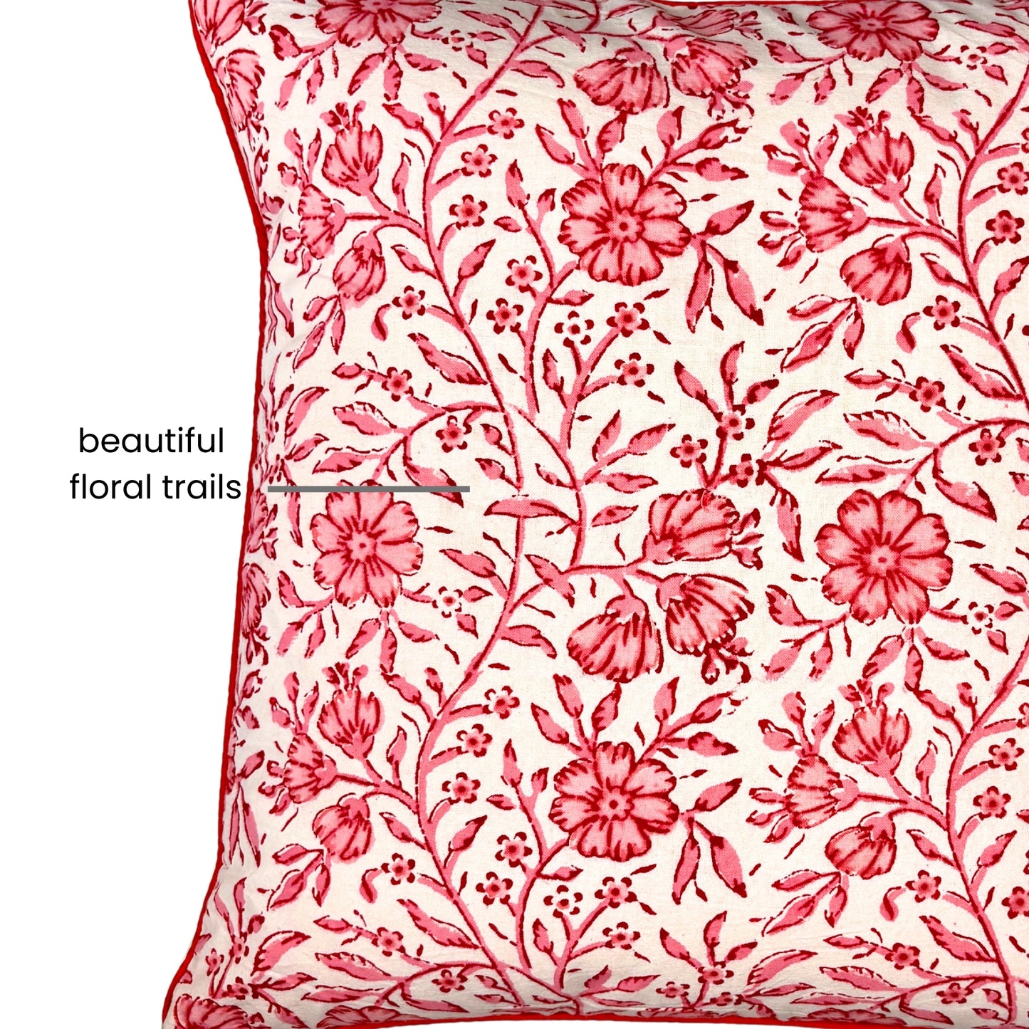 Hand Block Printed Premium Cushion Covers for Sofa, Living Room, Bedroom Size 16" x16" - Pink Flower Bush