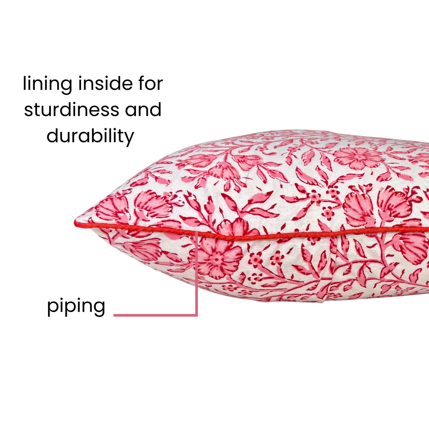 Hand Block Printed Premium Cushion Covers for Sofa, Living Room, Bedroom Size 16" x16" - Pink Flower Bush