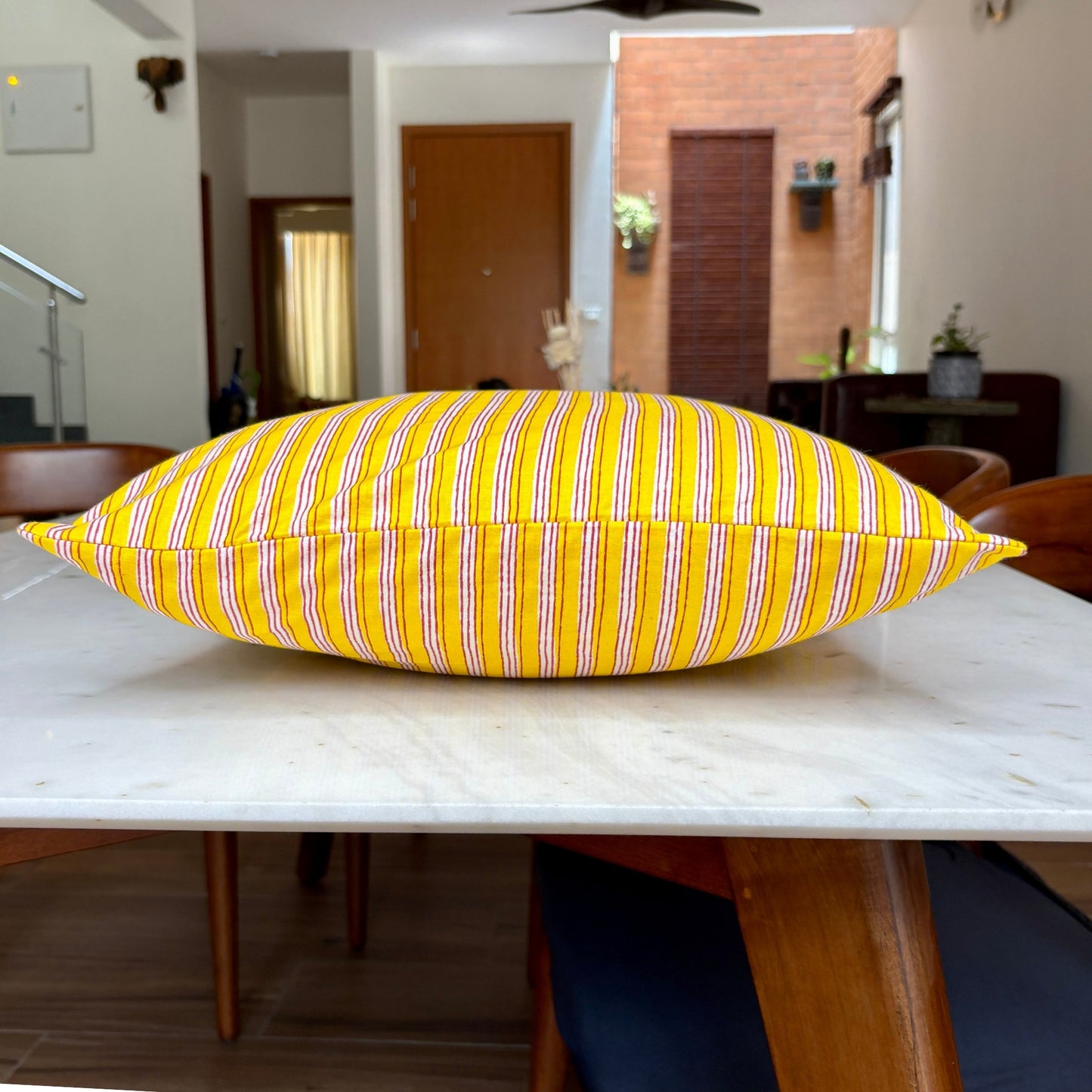 Hand Block Printed Premium Cushion Covers for Sofa, Living Room, Bedroom Size 16" x16" - Yellow Stripes