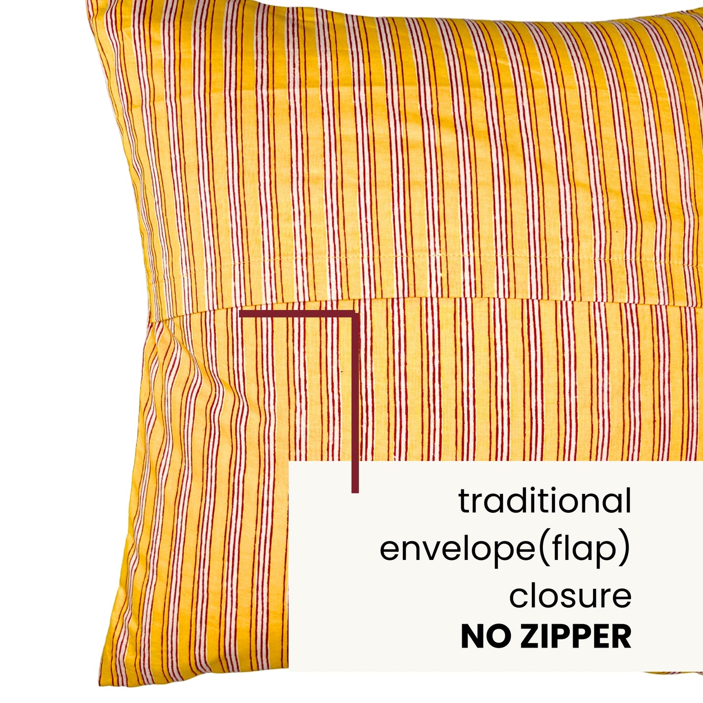 Hand Block Printed Premium Cushion Covers for Sofa, Living Room, Bedroom Size 16" x16" - Yellow Stripes