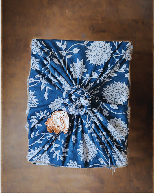 FUROSHIKI  Fabric Gift Wrap 100% Cotton - White Flowers on Blue