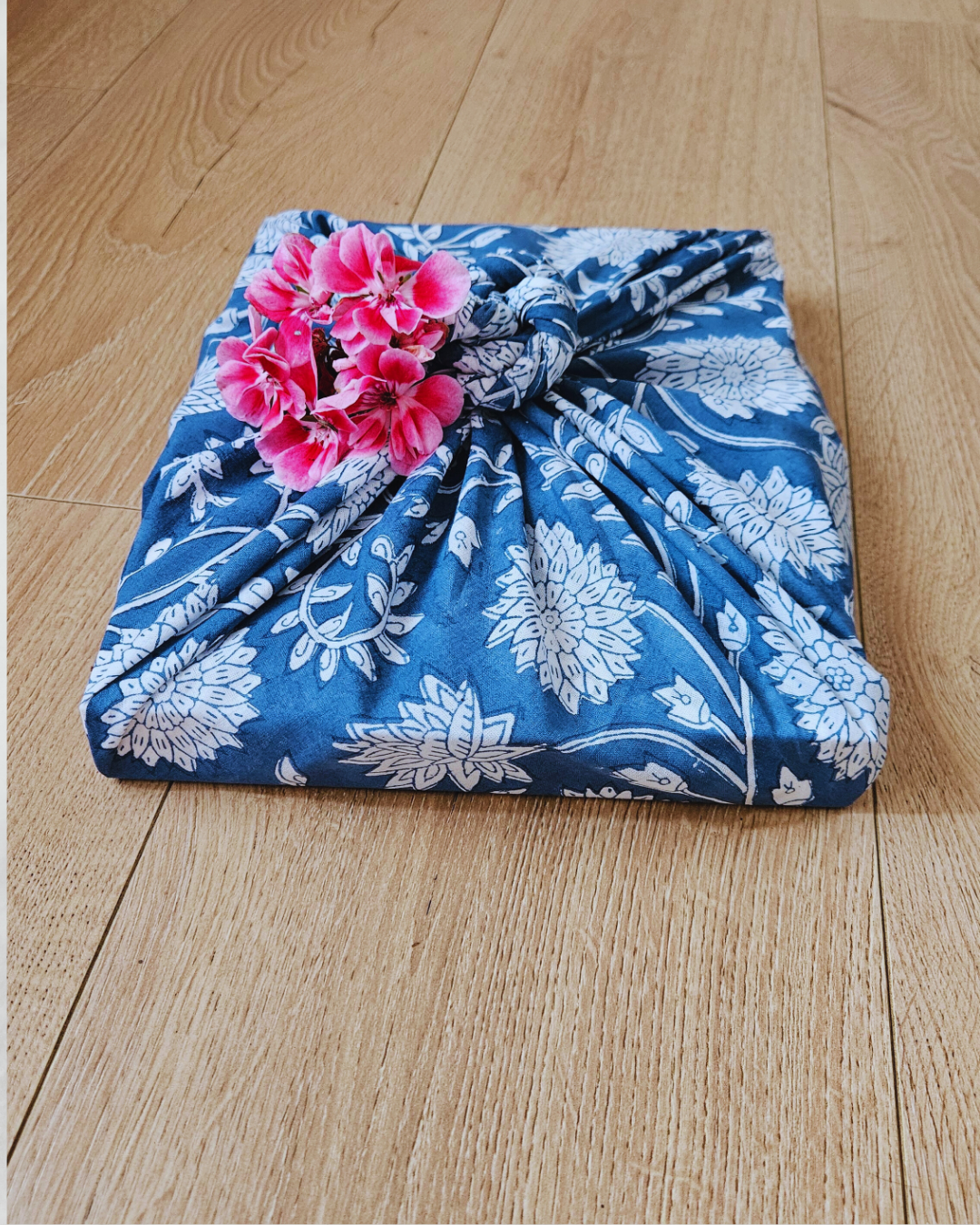 FUROSHIKI  Fabric Gift Wrap 100% Cotton - White Flowers on Blue