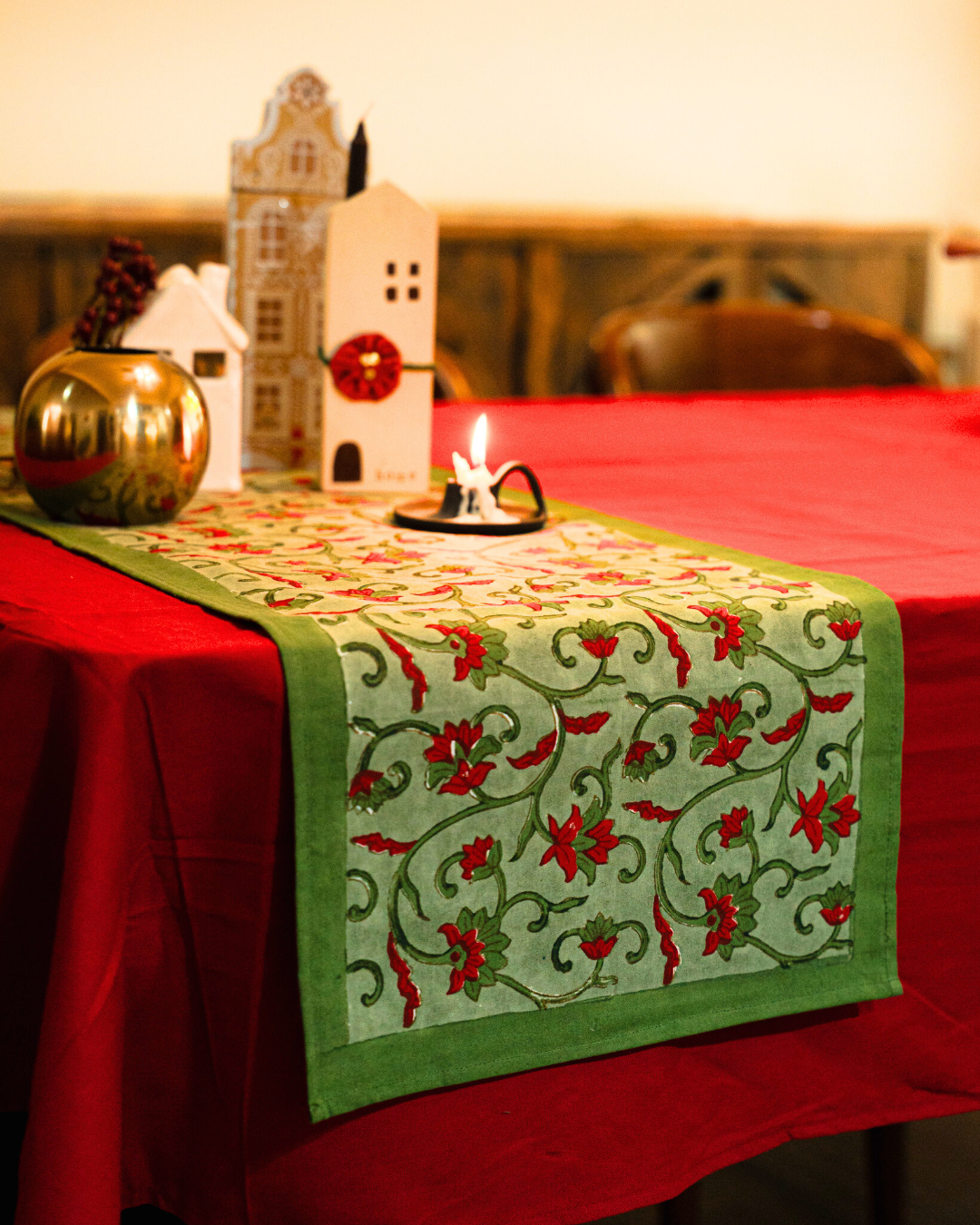 Christmas Table Runner Hand Block Printed 6 Seater - Green with red Floral trail