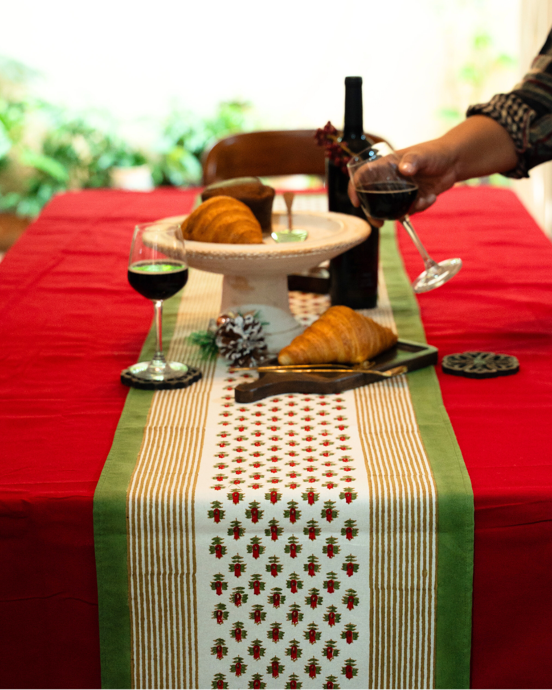 Christmas Table Runner Hand Block Printed 6 Seater - Brown Stripes with Little Flowers
