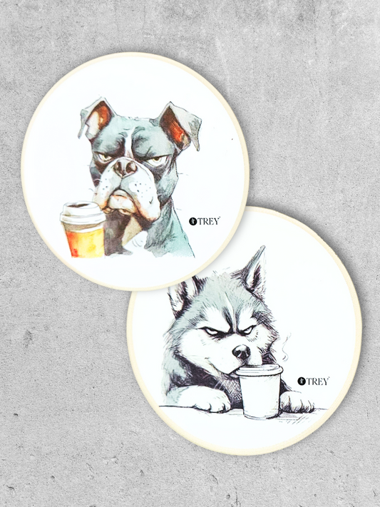 Quirky Grumpy Dogs Waterproof Coasters for Tea, Coffee, Beer - Set of 2