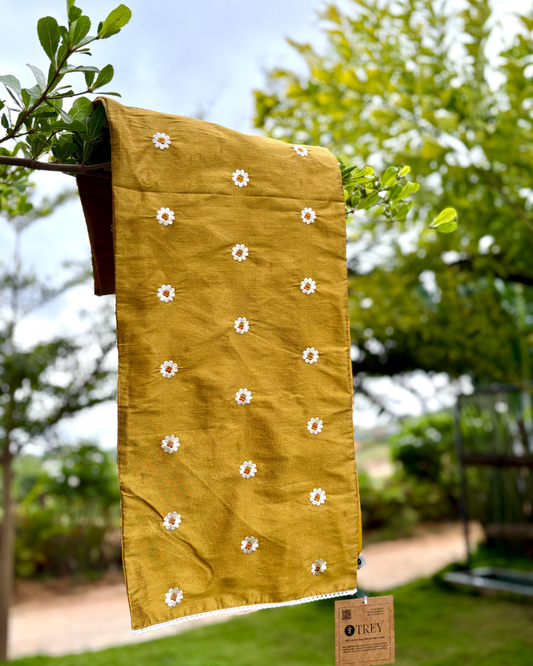 Festive Embroidered Table Runner 12 x 90 inches - Brown with white flowers