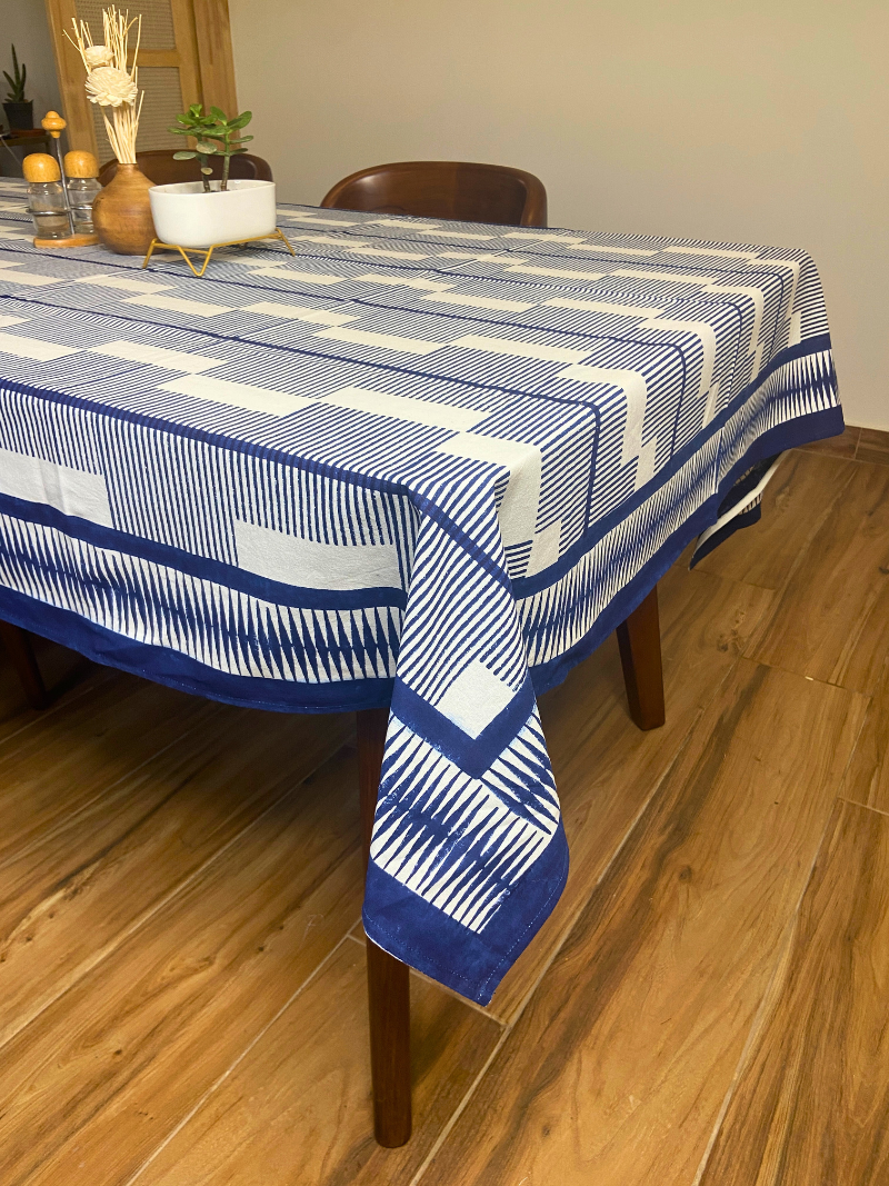 Ink Blue Brick 100% Cotton Style Block Print Table Cloth for 8 seater dining - DHARINI Collection