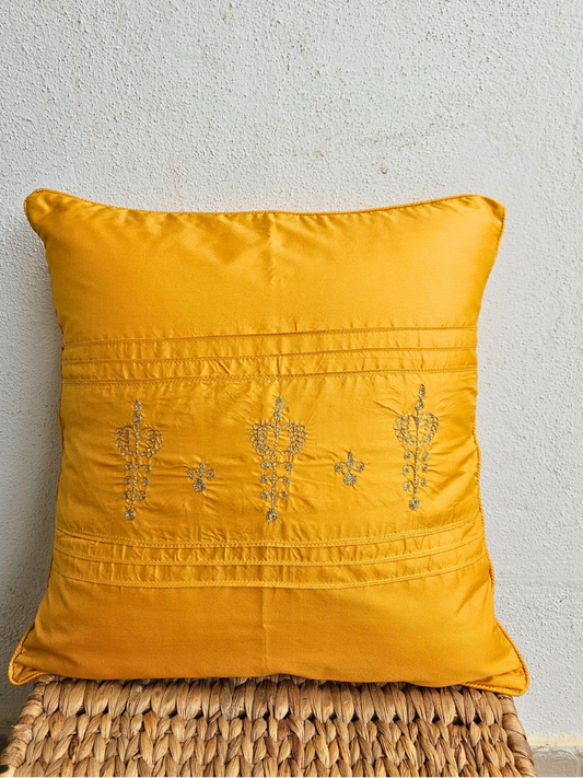 Hand Embroidered Cushion Cover 16 x 16 inches  -  Gold Trees on Mustard